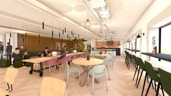 Modern en sfeervol ingericht restaurant of bedrijfsrestaurant aan de Marten Meesweg met diverse zitplaatsen en een open keuken.